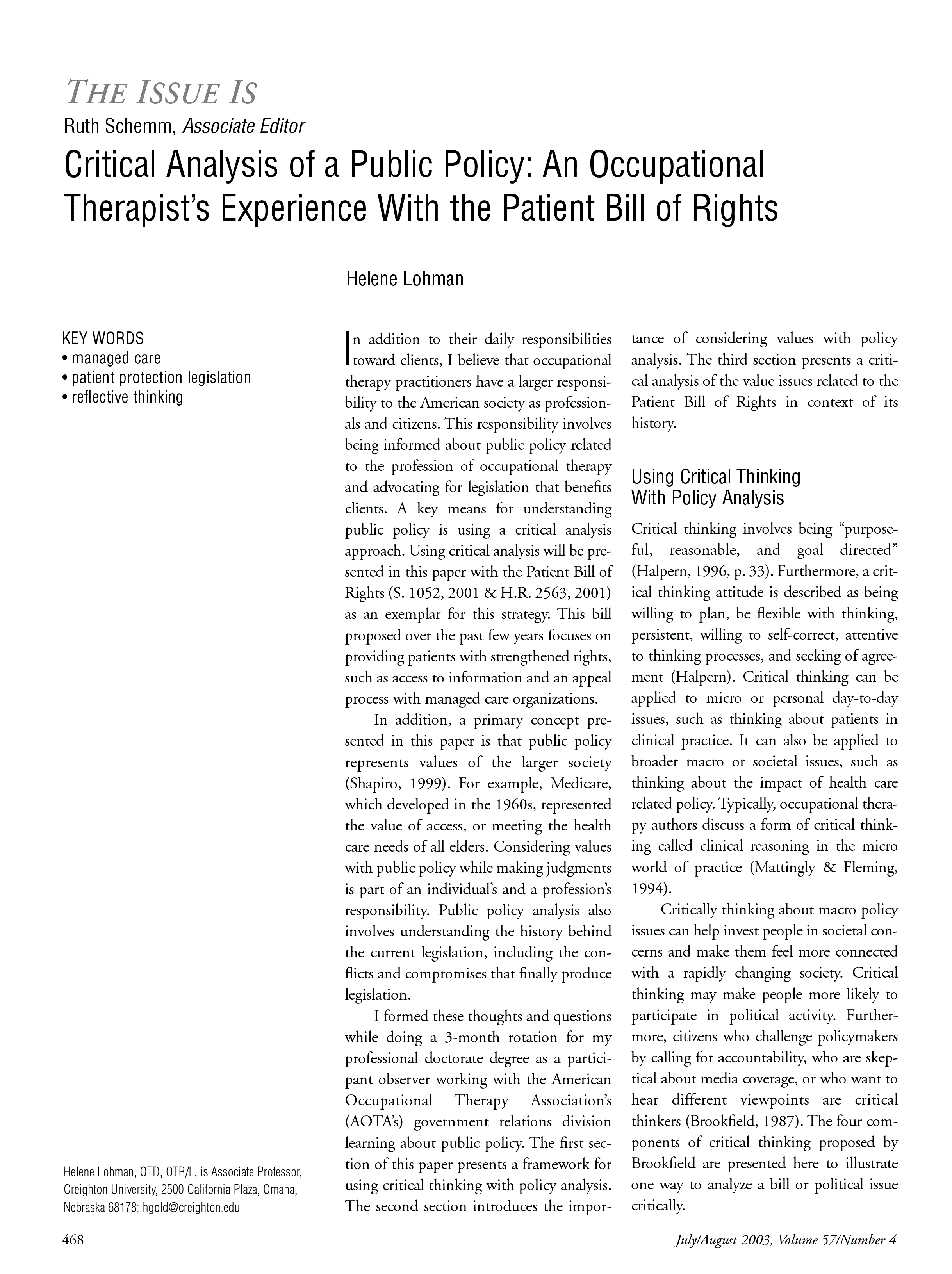First page of Critical Analysis of a Public Policy: An Occupational Therapist’s Experience With the Patient Bill of Rights
