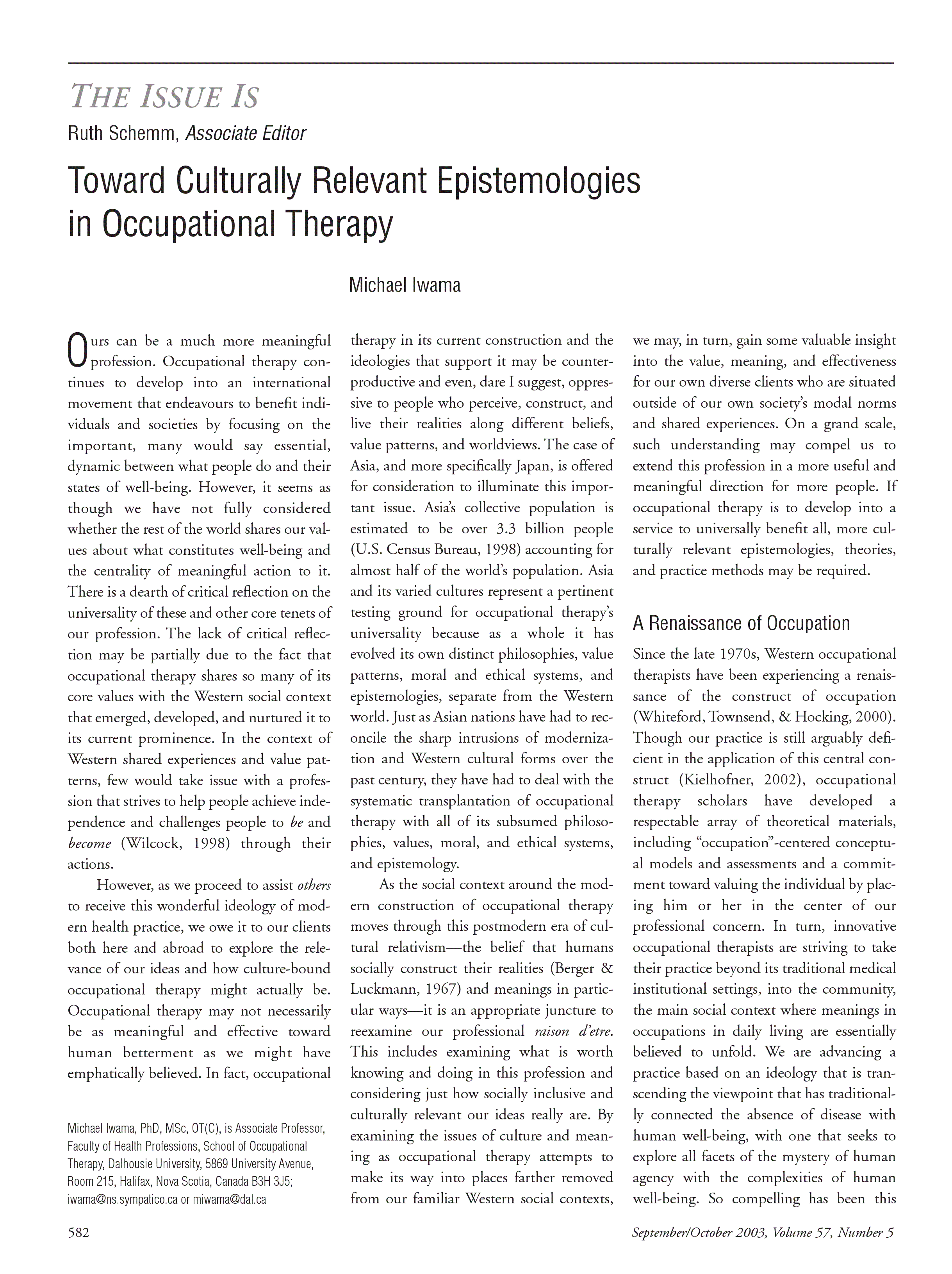 First page of Toward Culturally Relevant Epistemologies in Occupational Therapy