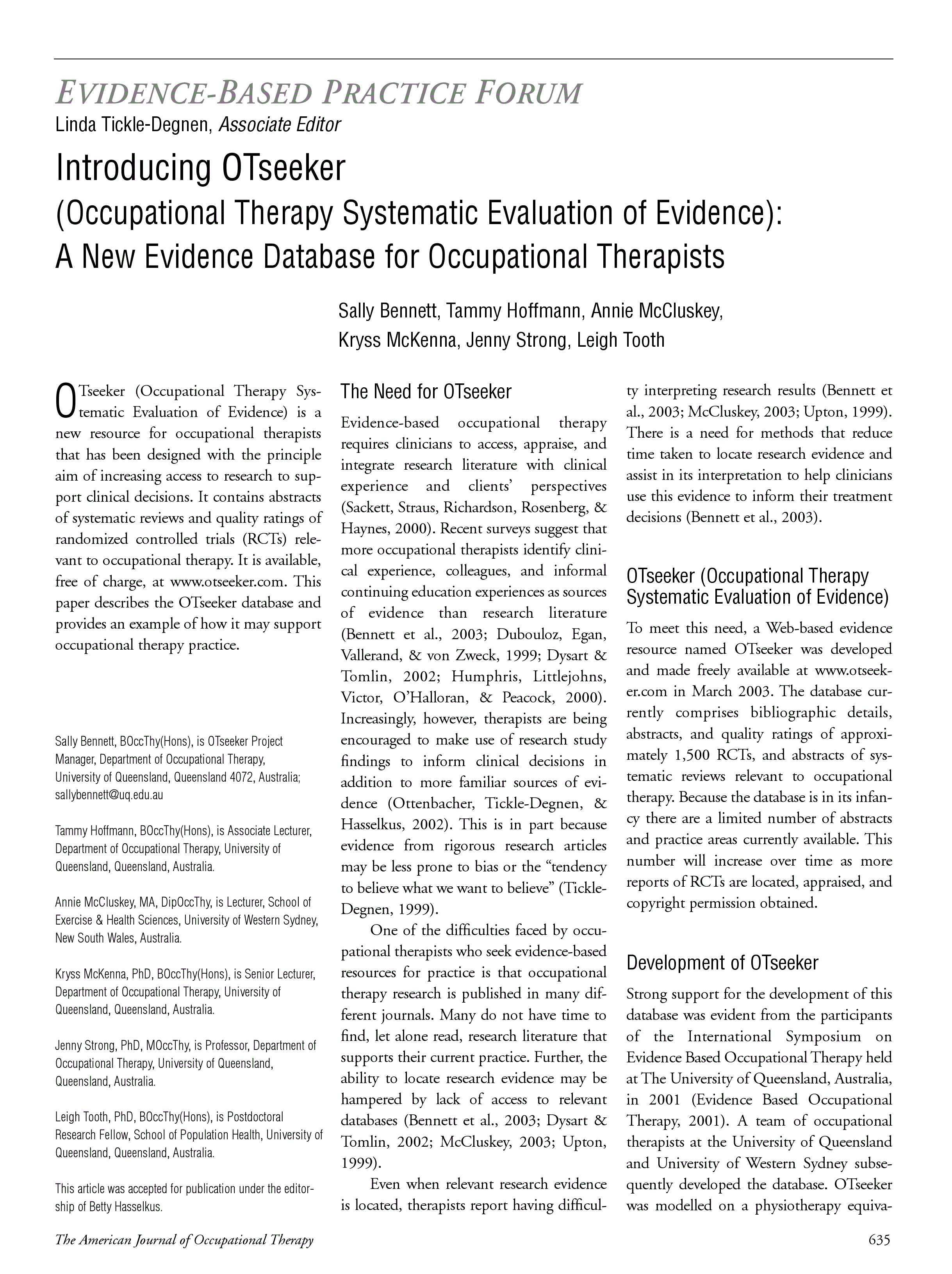 First page of Introducing OTseeker (Occupational Therapy Systematic Evaluation of Evidence): A New Evidence Database for Occupational Therapists