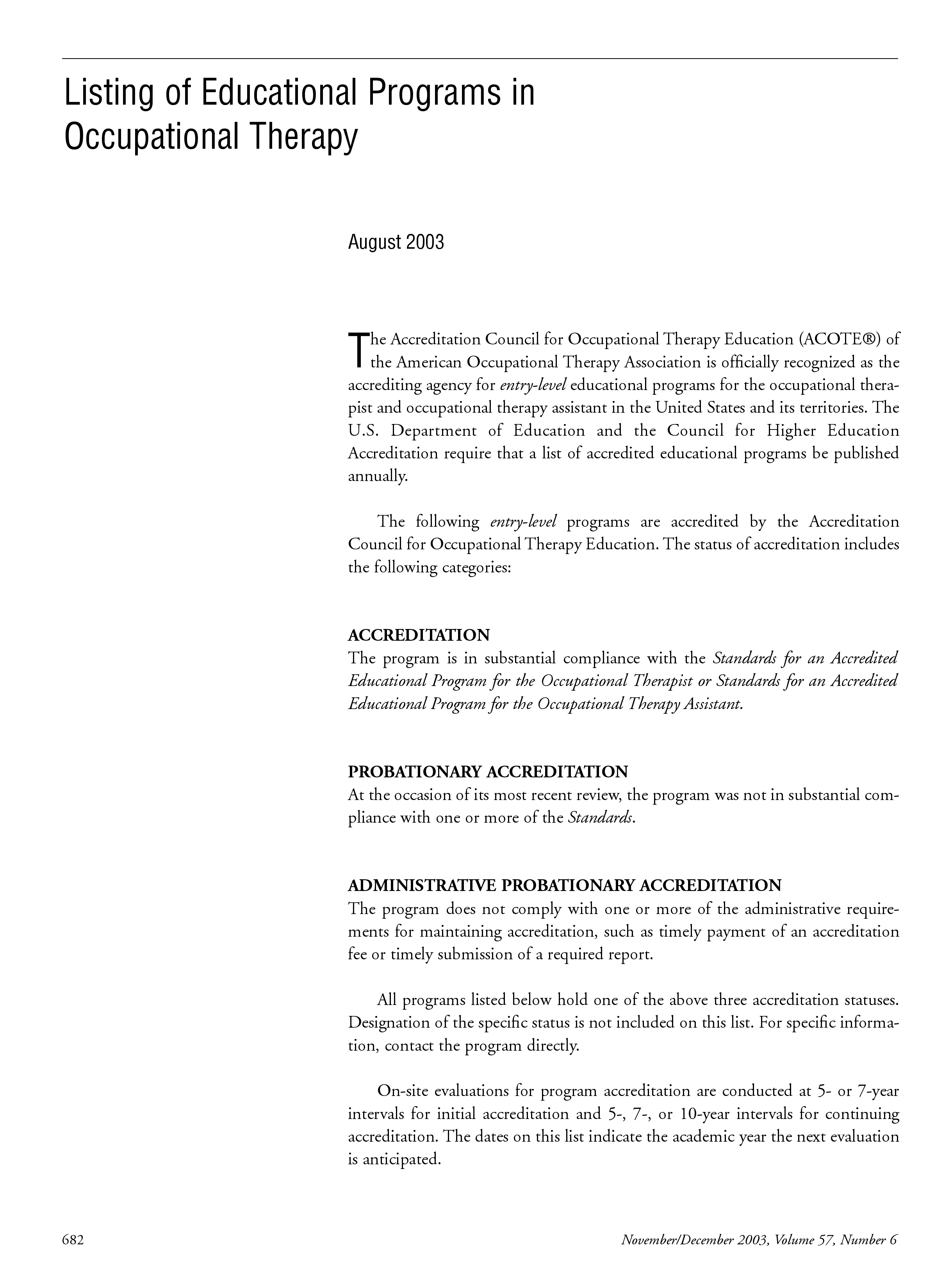 First page of Listing of Educational Programs in Occupational Therapy<subtitle>August 2003</subtitle>