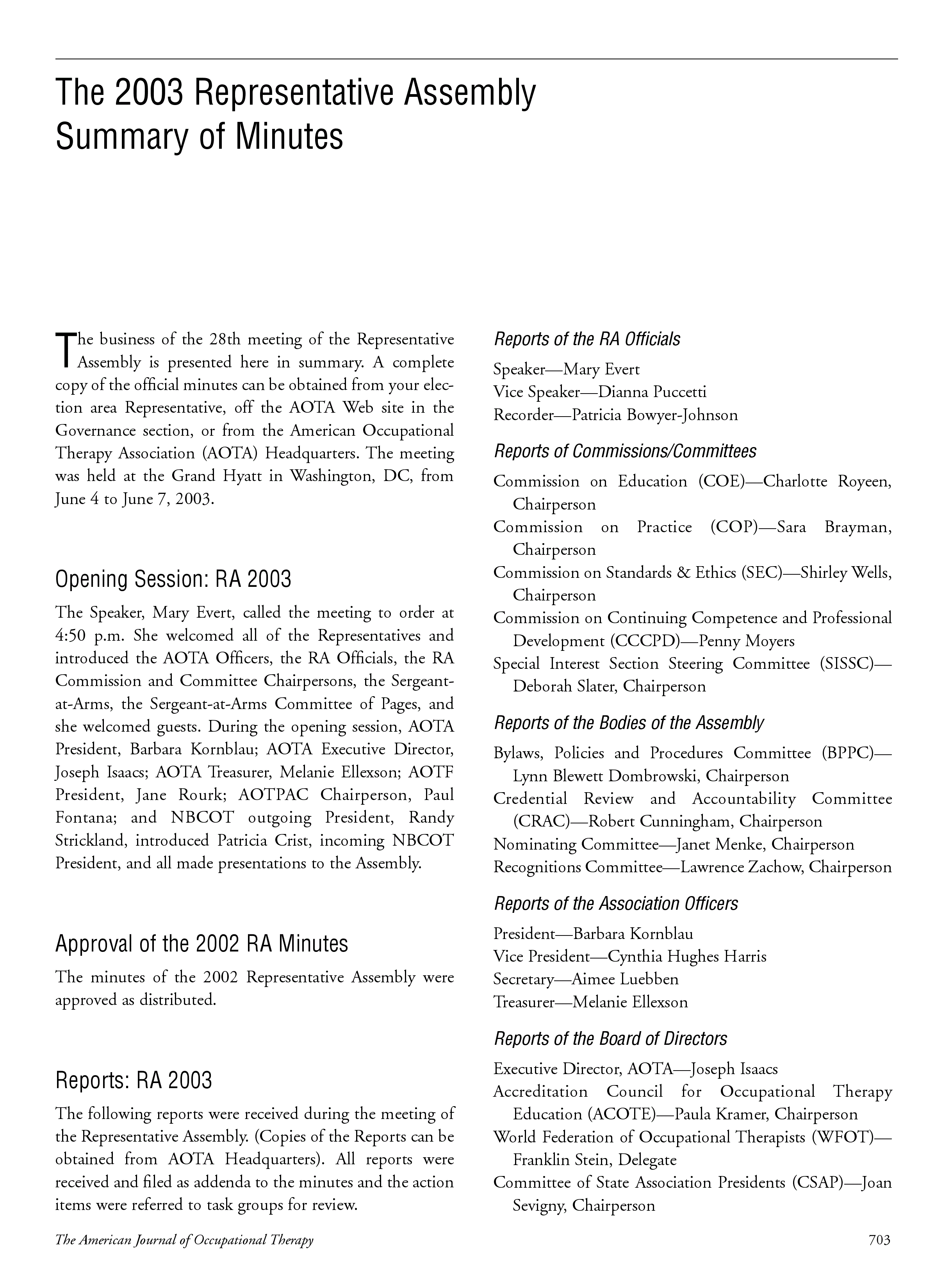 First page of The 2003 Representative Assembly Summary of Minutes