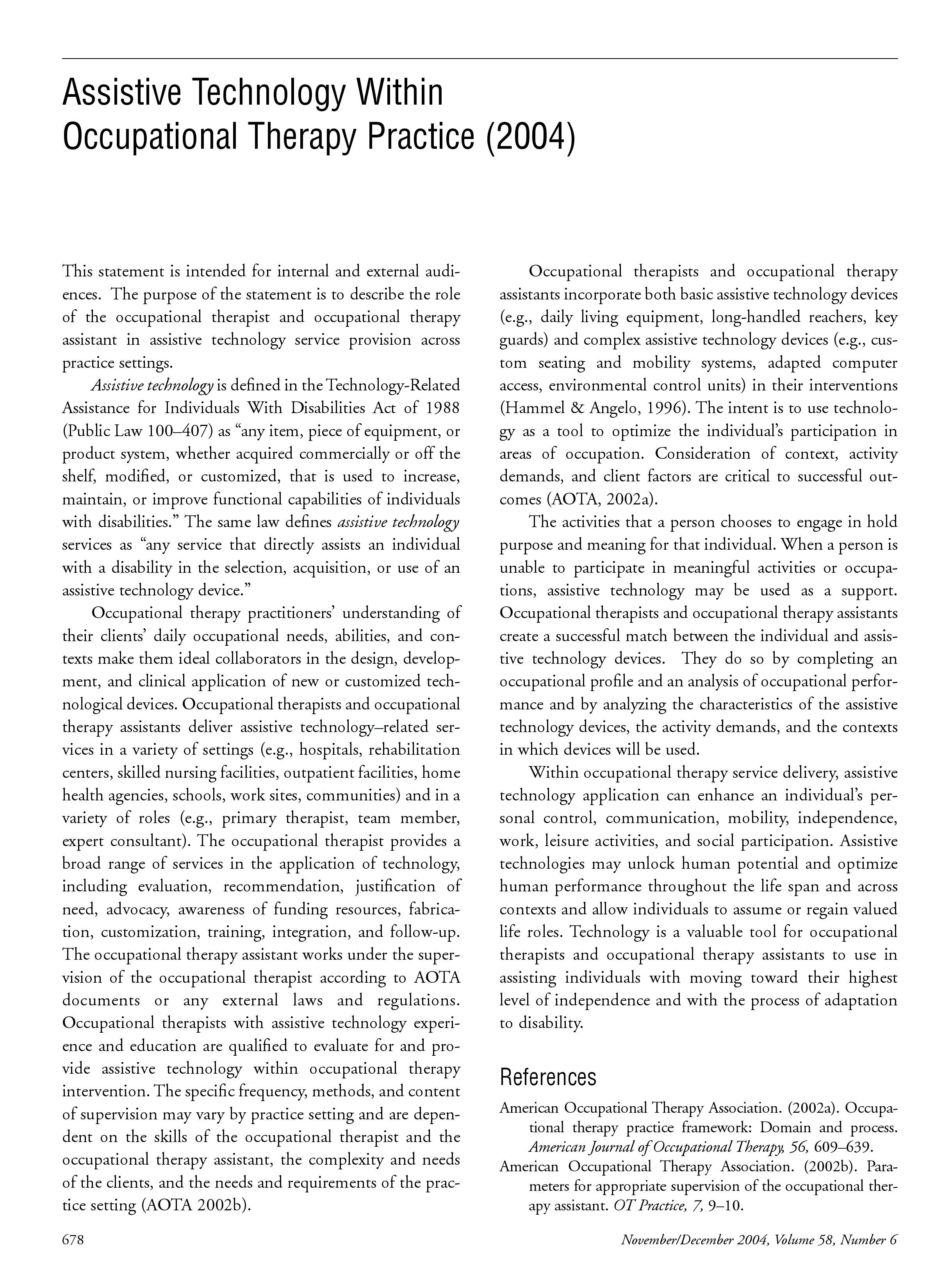 First page of Assistive Technology Within Occupational Therapy Practice (2004)
