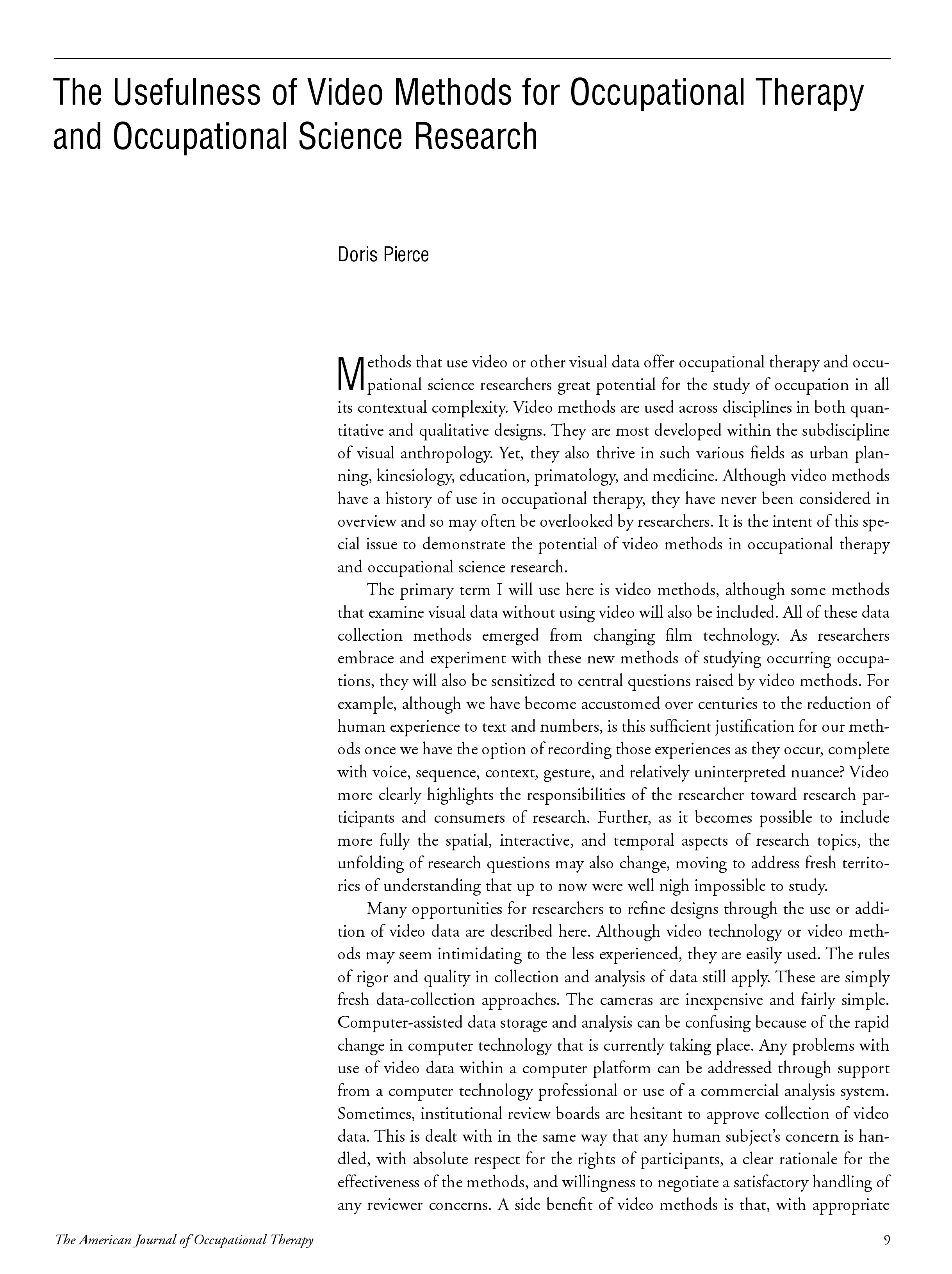 First page of The Usefulness of Video Methods for Occupational Therapy and Occupational Science Research