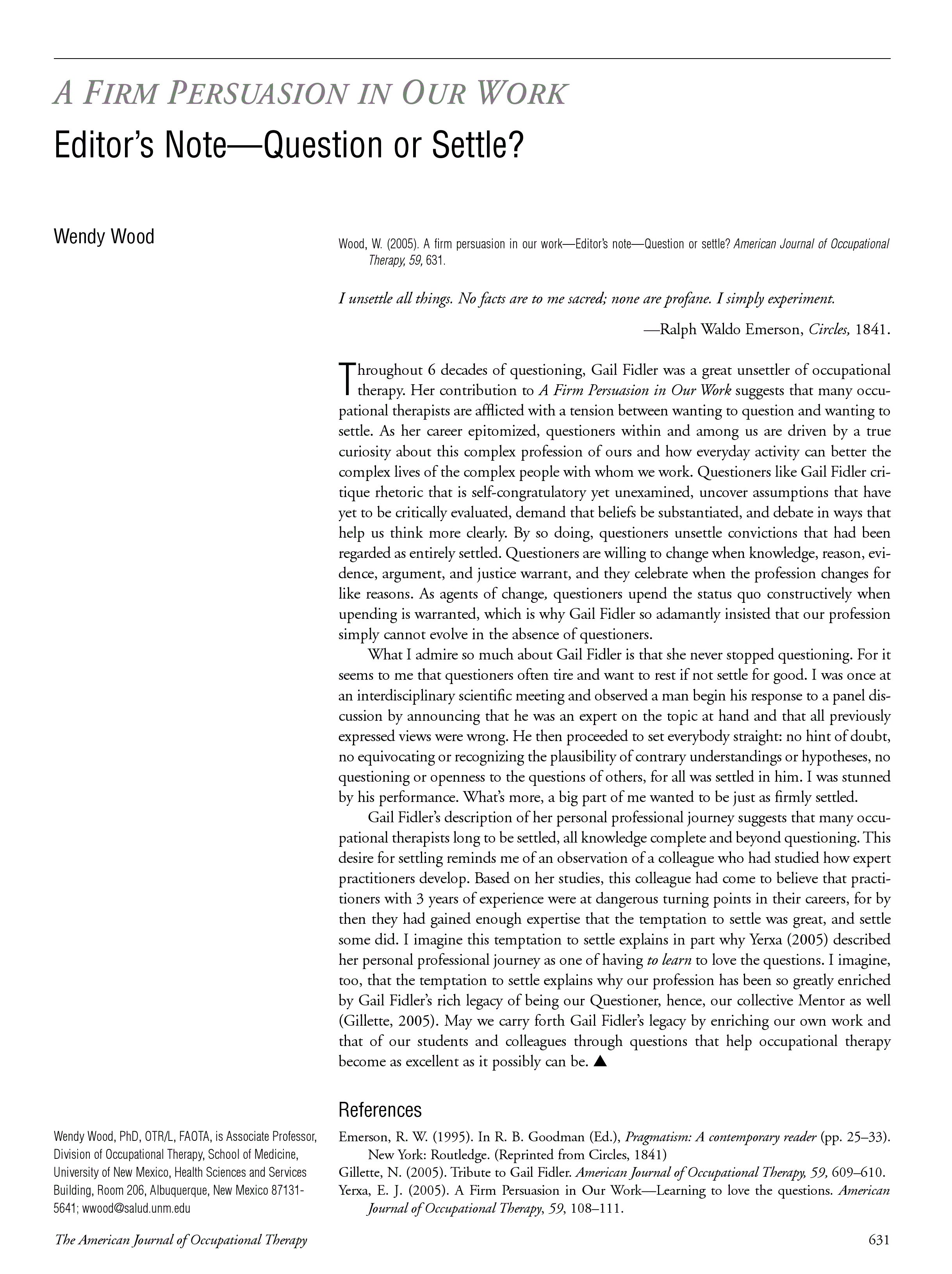 First page of Editor’s Note—Question or Settle?