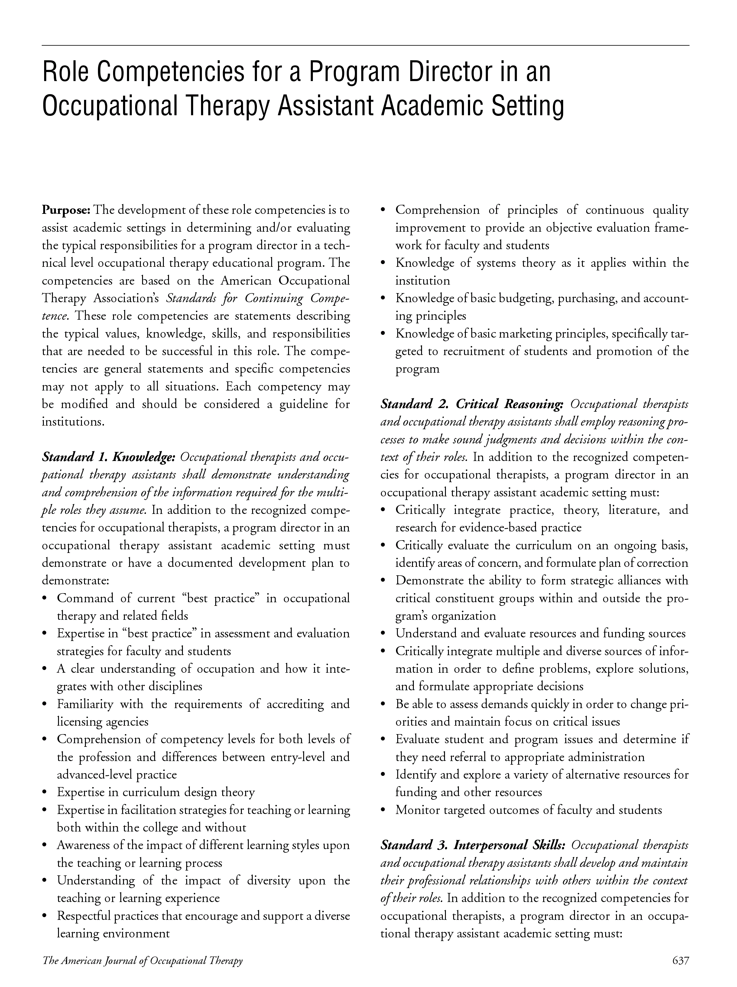 First page of Role Competencies for a Program Director in an Occupational Therapy Assistant Academic Setting