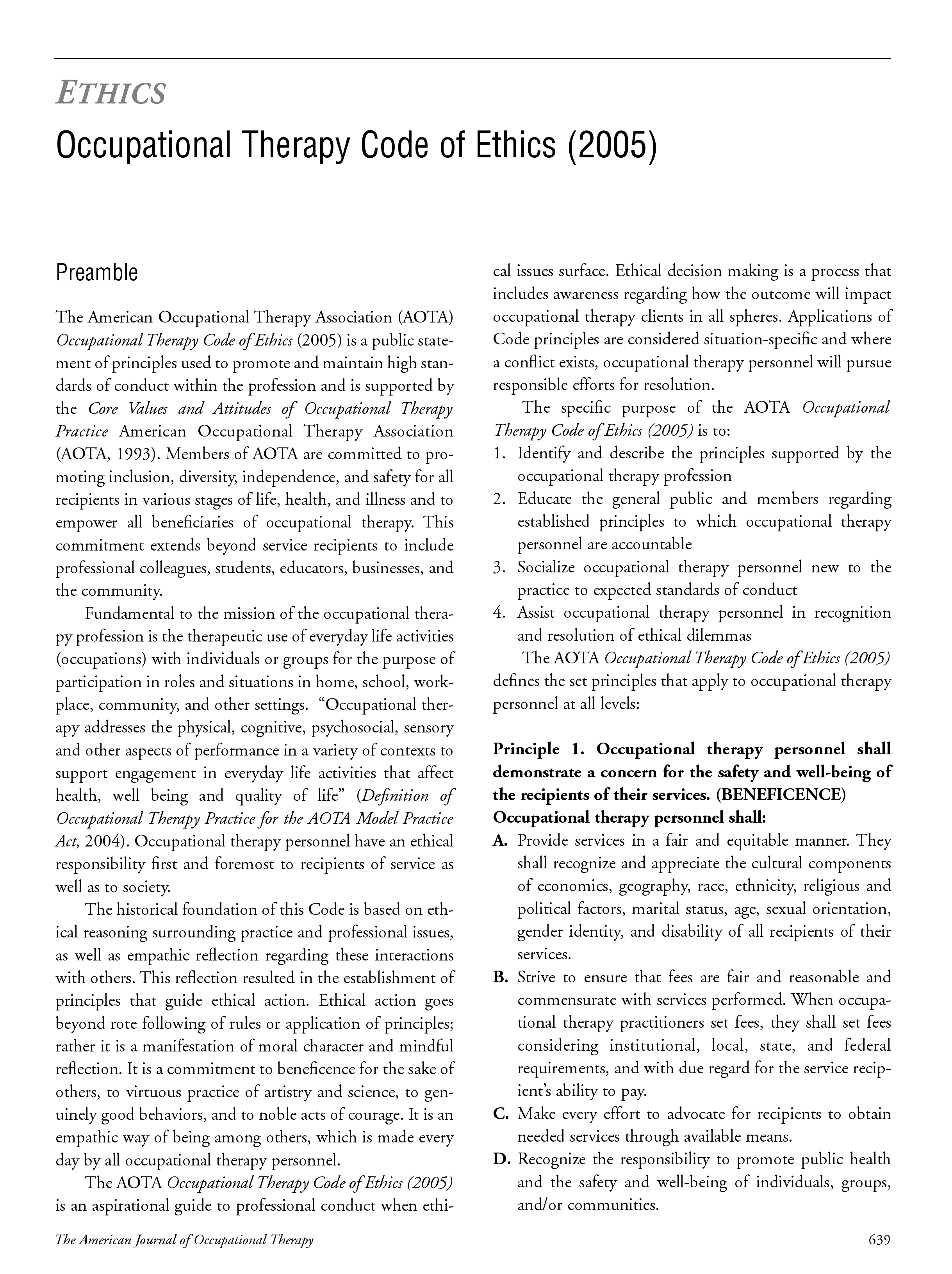 First page of Occupational Therapy Code of Ethics (2005)