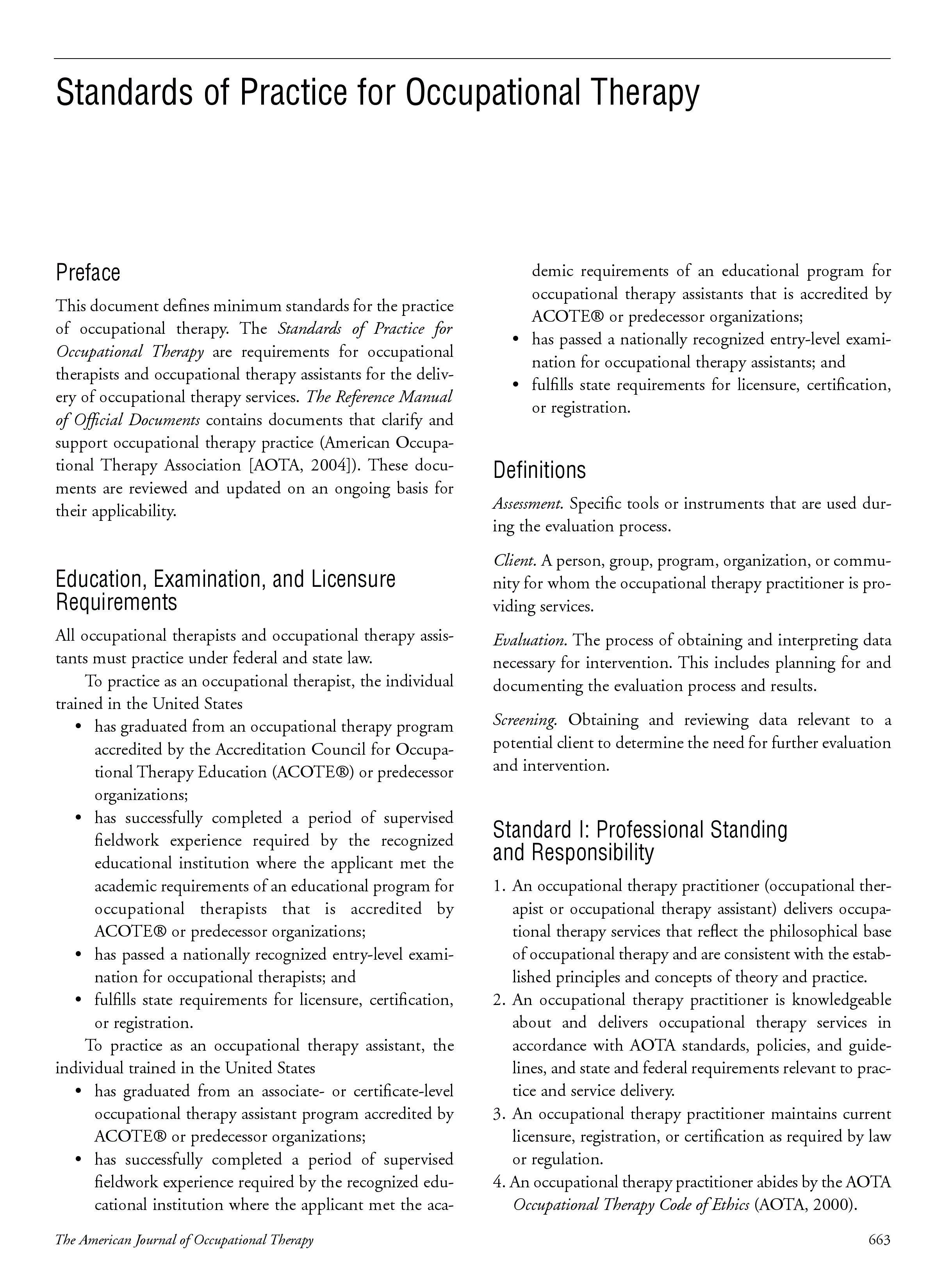 First page of Standards of Practice for Occupational Therapy