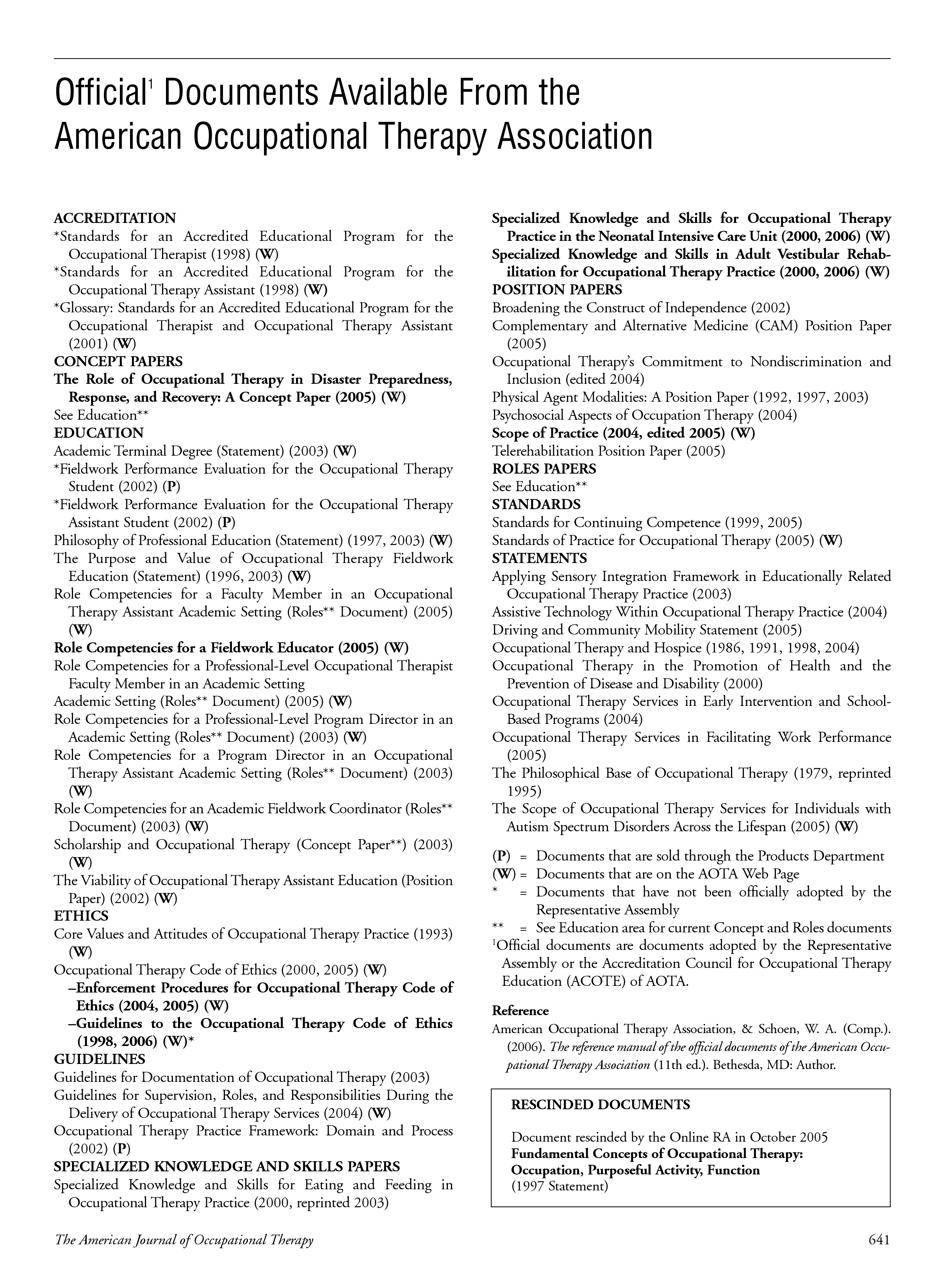 First page of Official Documents Available From the American Occupational Therapy Association