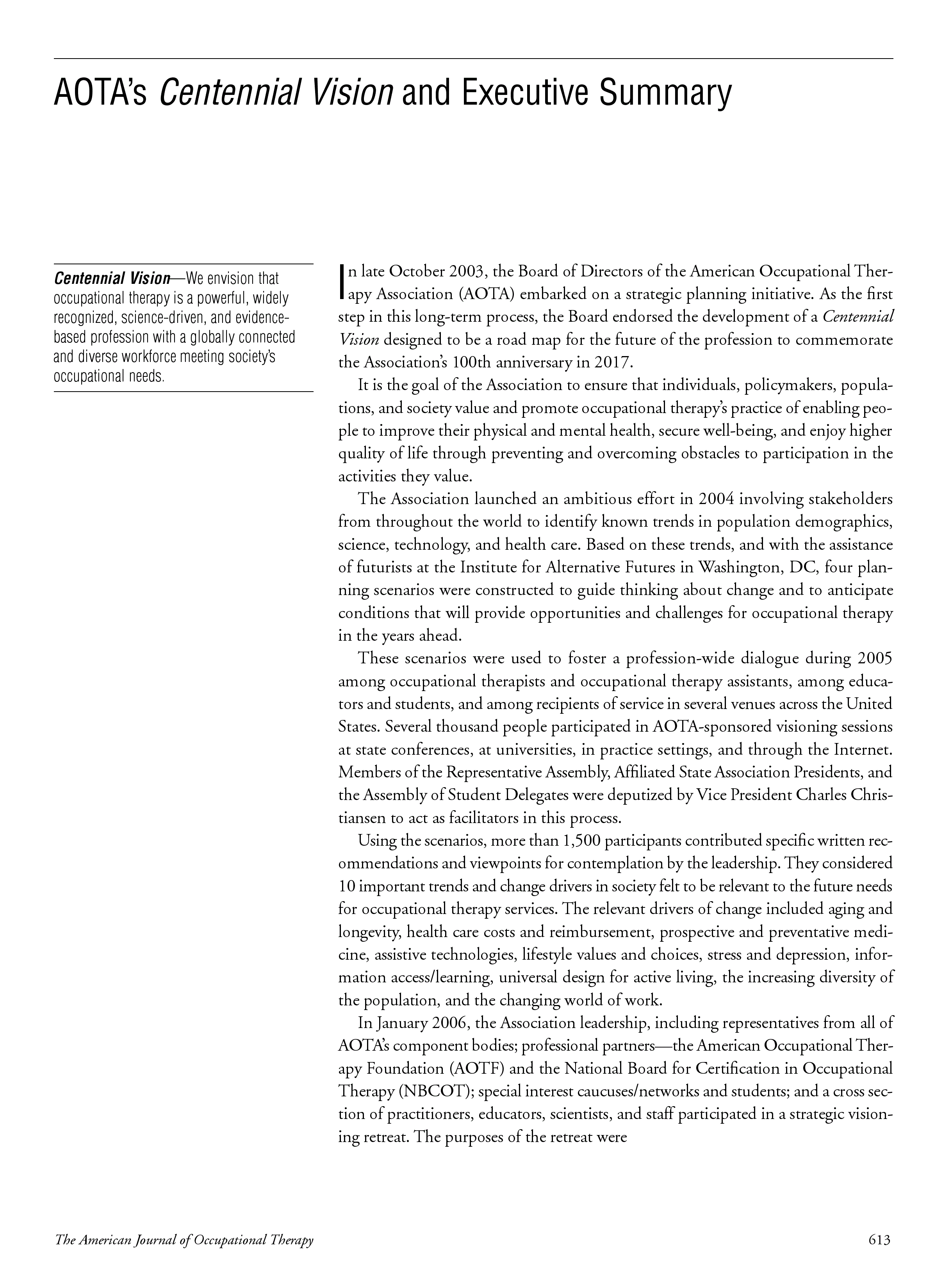 First page of AOTA’s <italic>Centennial Vision</italic> and Executive Summary