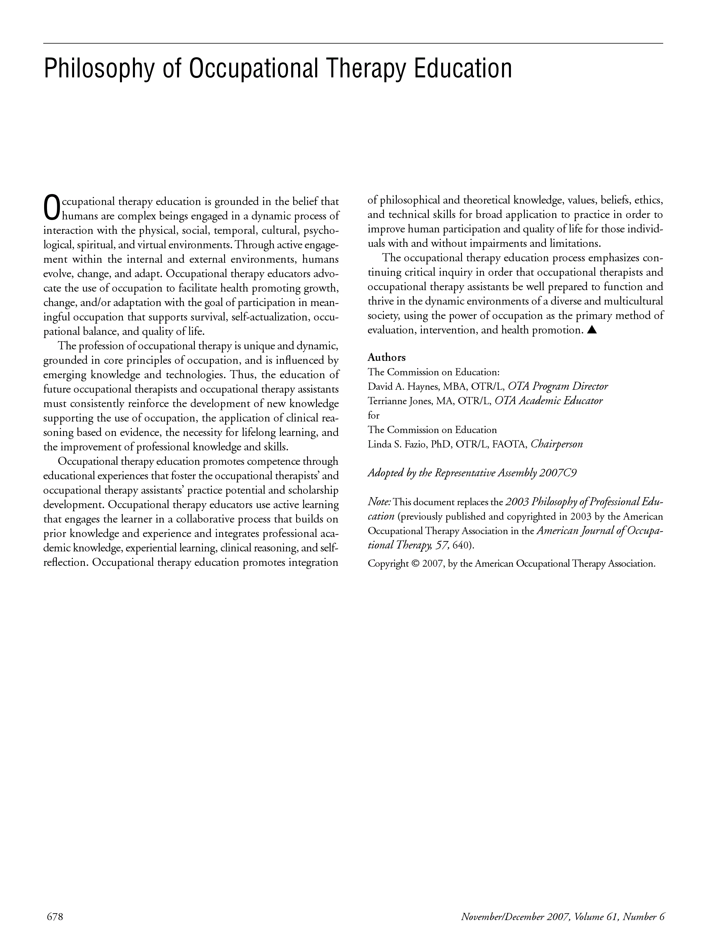 First page of Philosophy of Occupational Therapy Education
