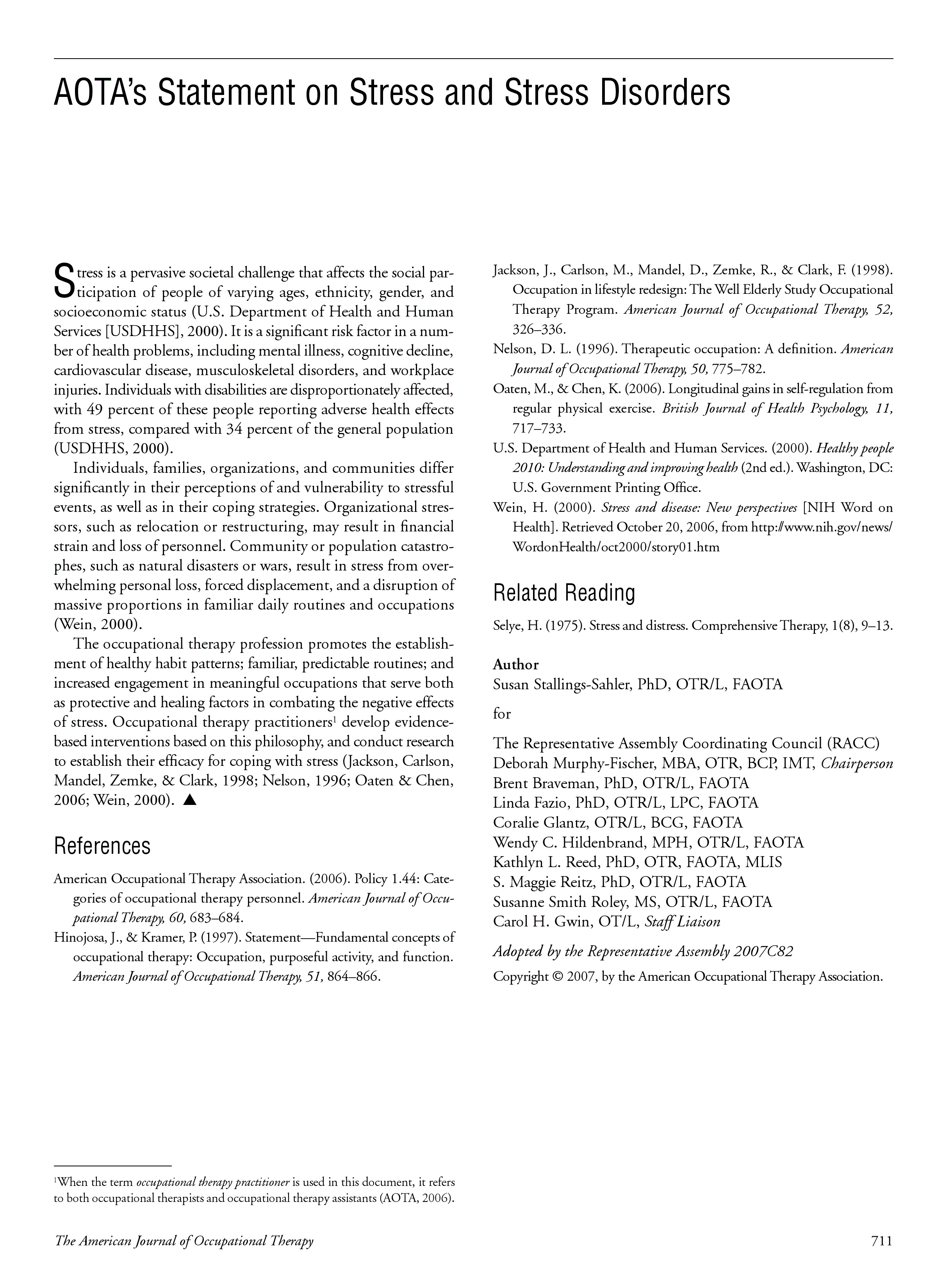 First page of AOTA’s Statement on Stress and Stress Disorders