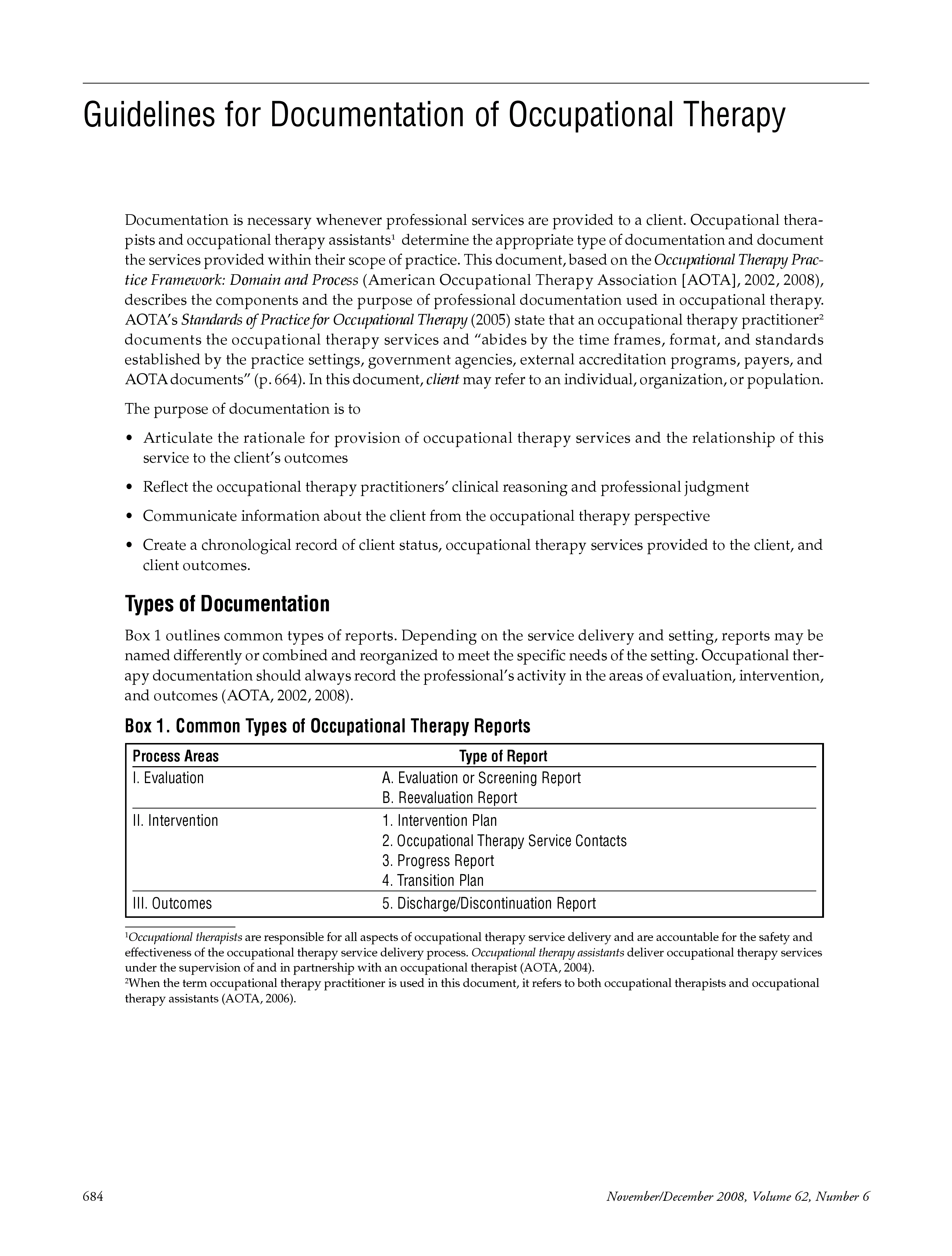 First page of Guidelines for Documentation of Occupational Therapy