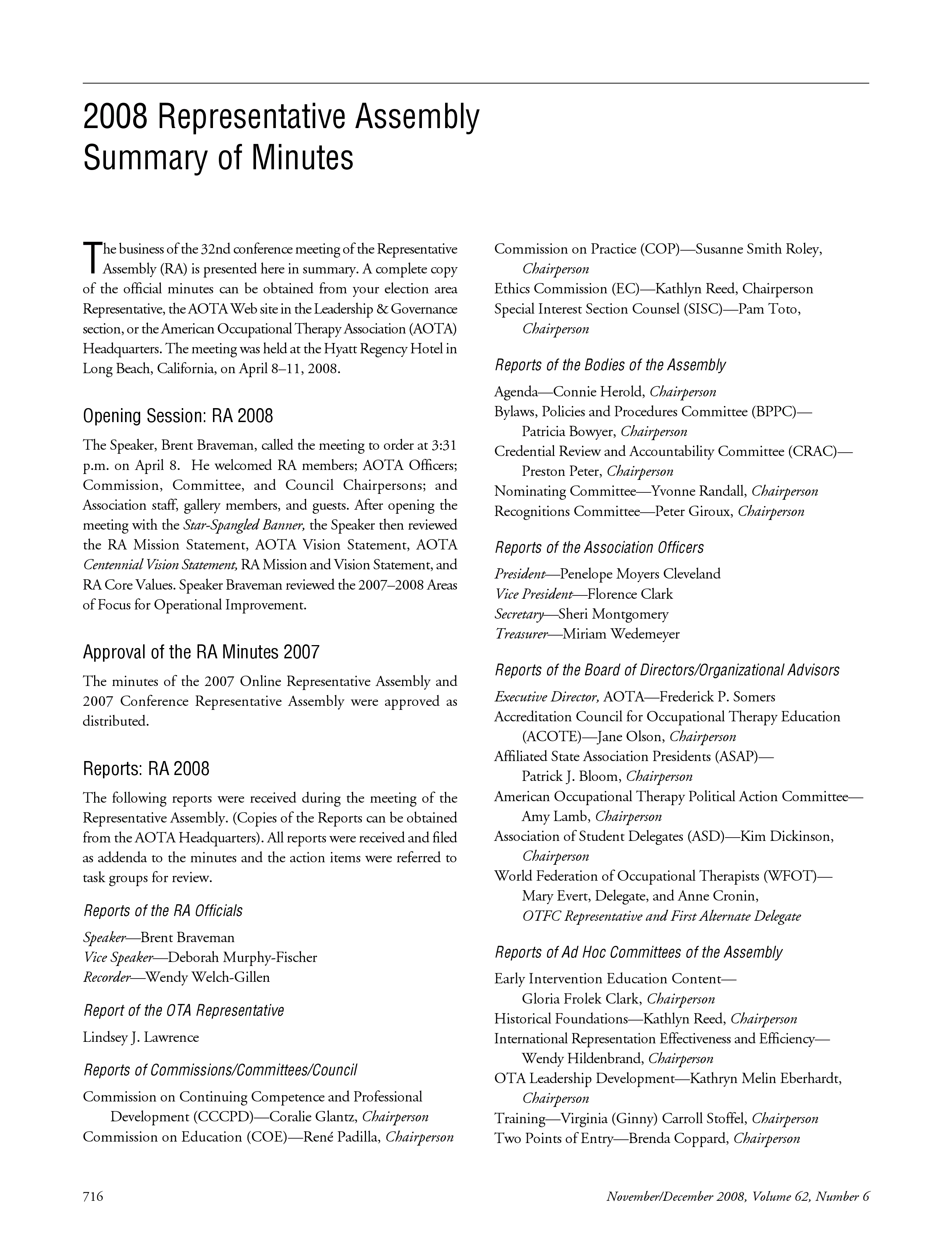 First page of 2008 Representative Assembly Summary of Minutes