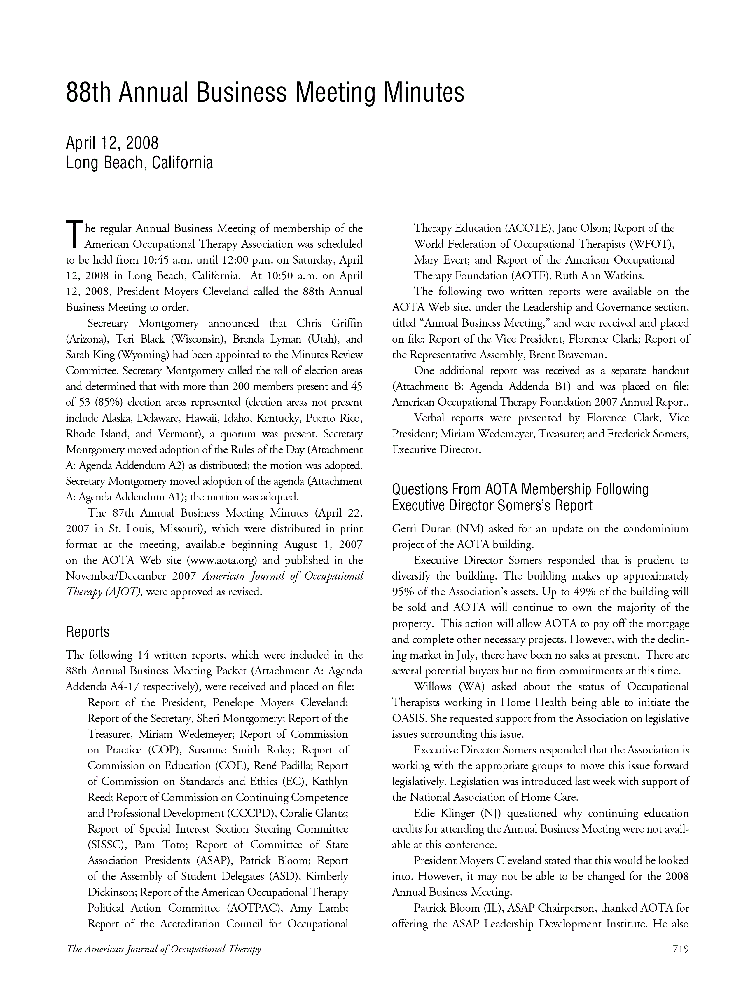 First page of 88th Annual Business Meeting Minutes<subtitle>April 12, 2008<break />Long Beach, California</subtitle>