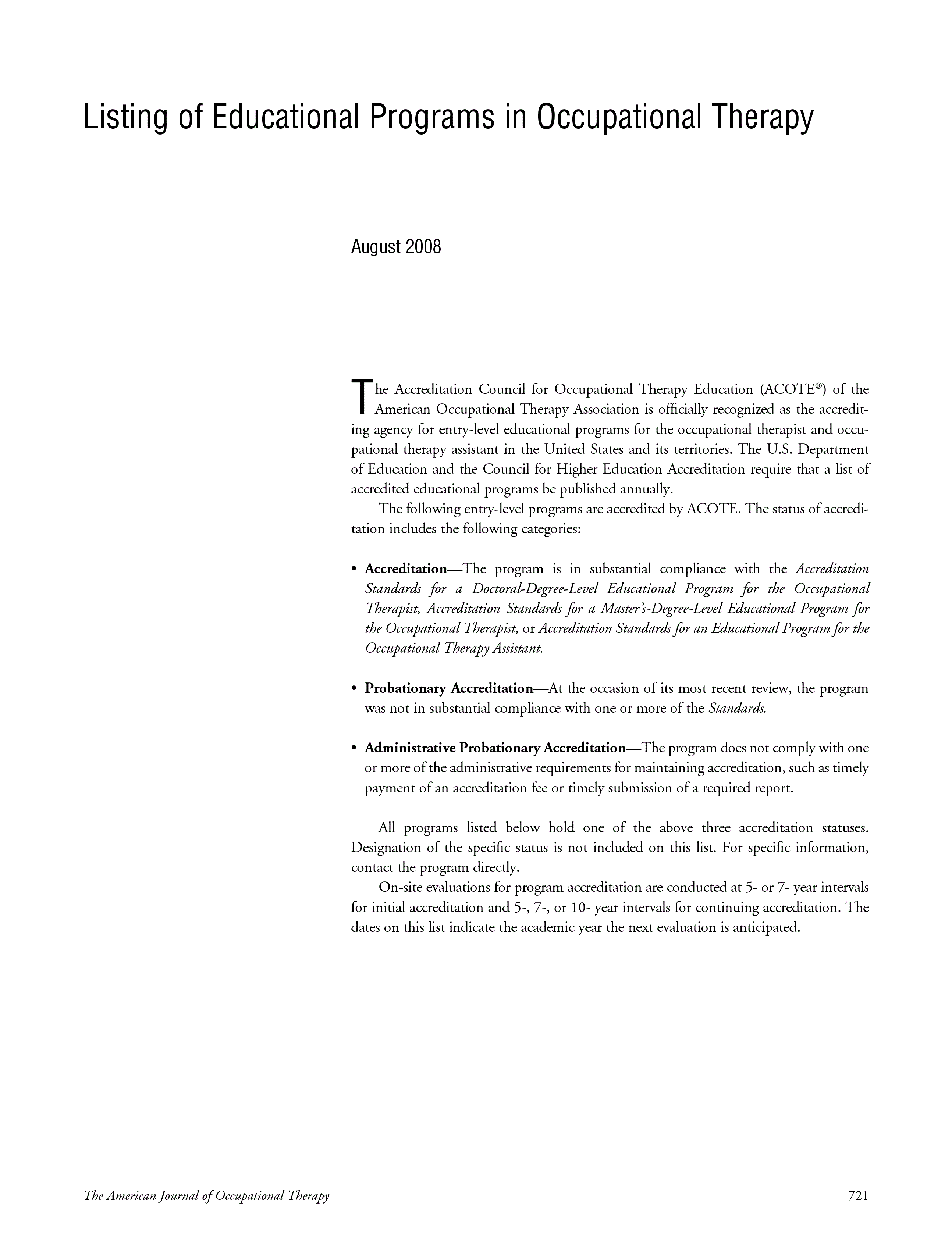 First page of Listing of Educational Programs in Occupational Therapy<subtitle>August 2008</subtitle>