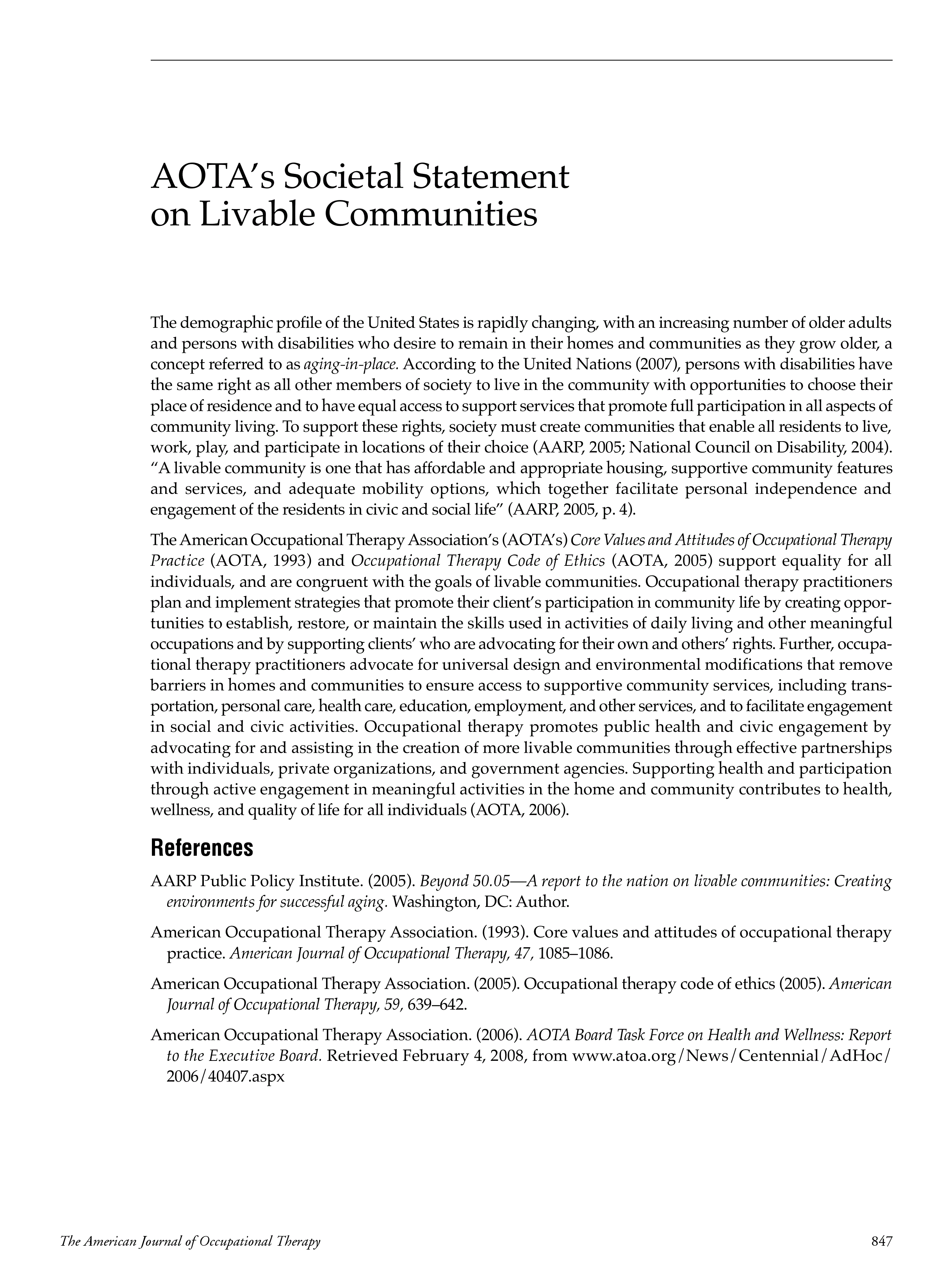 First page of AOTA’s Societal Statement on Livable Communities