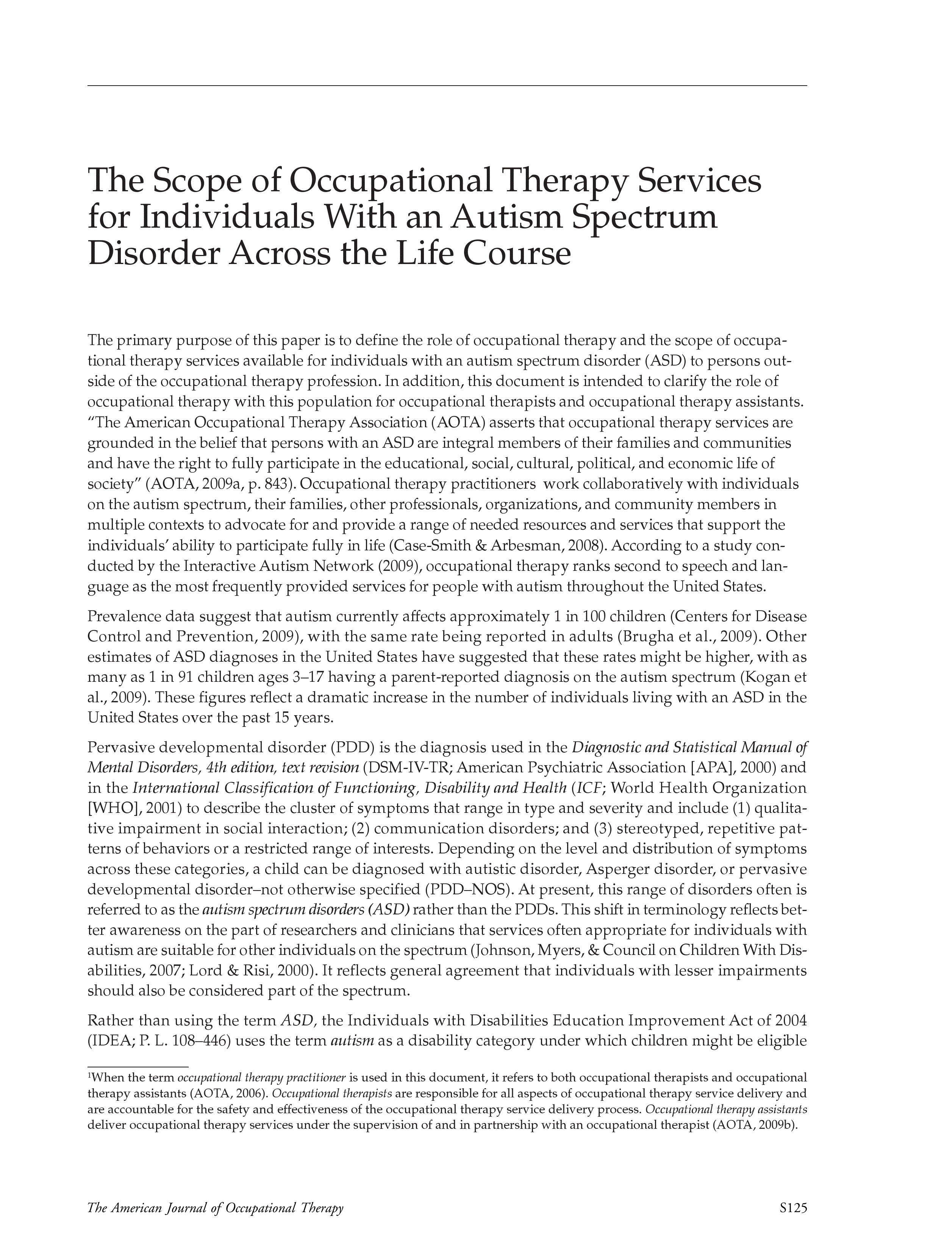 First page of The Scope of Occupational Therapy Services for Individuals With an Autism Spectrum Disorder Across the Life Course