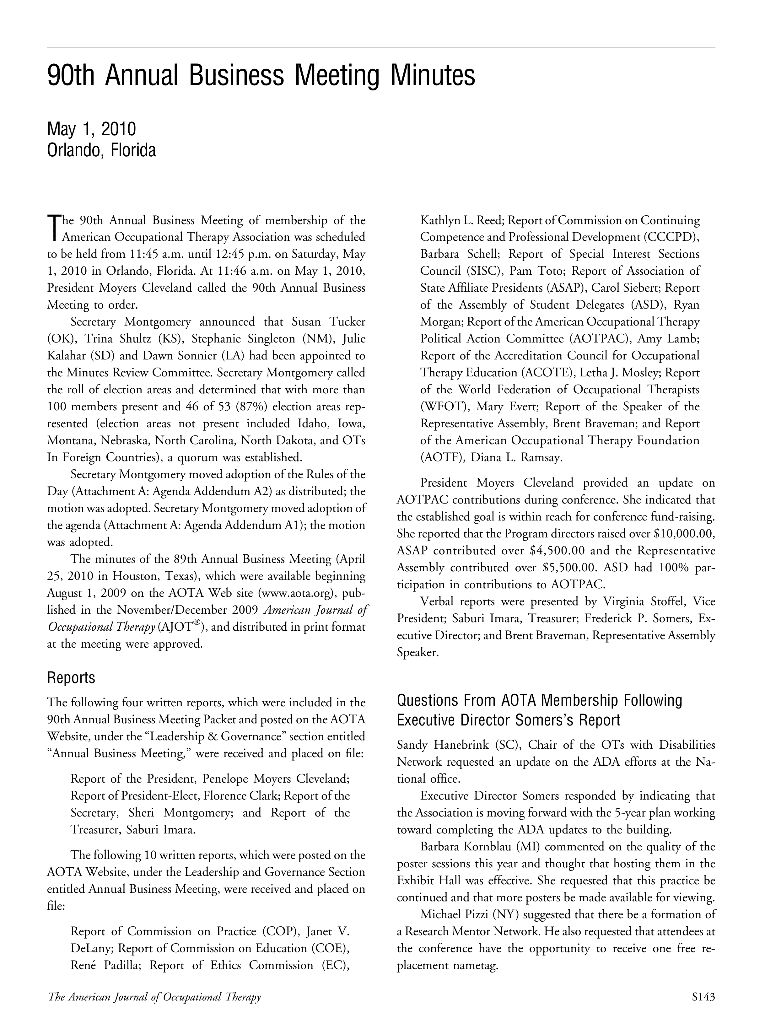 First page of 90th Annual Business Meeting Minutes<subtitle>May 1, 2010<break />Orlando, Florida</subtitle>