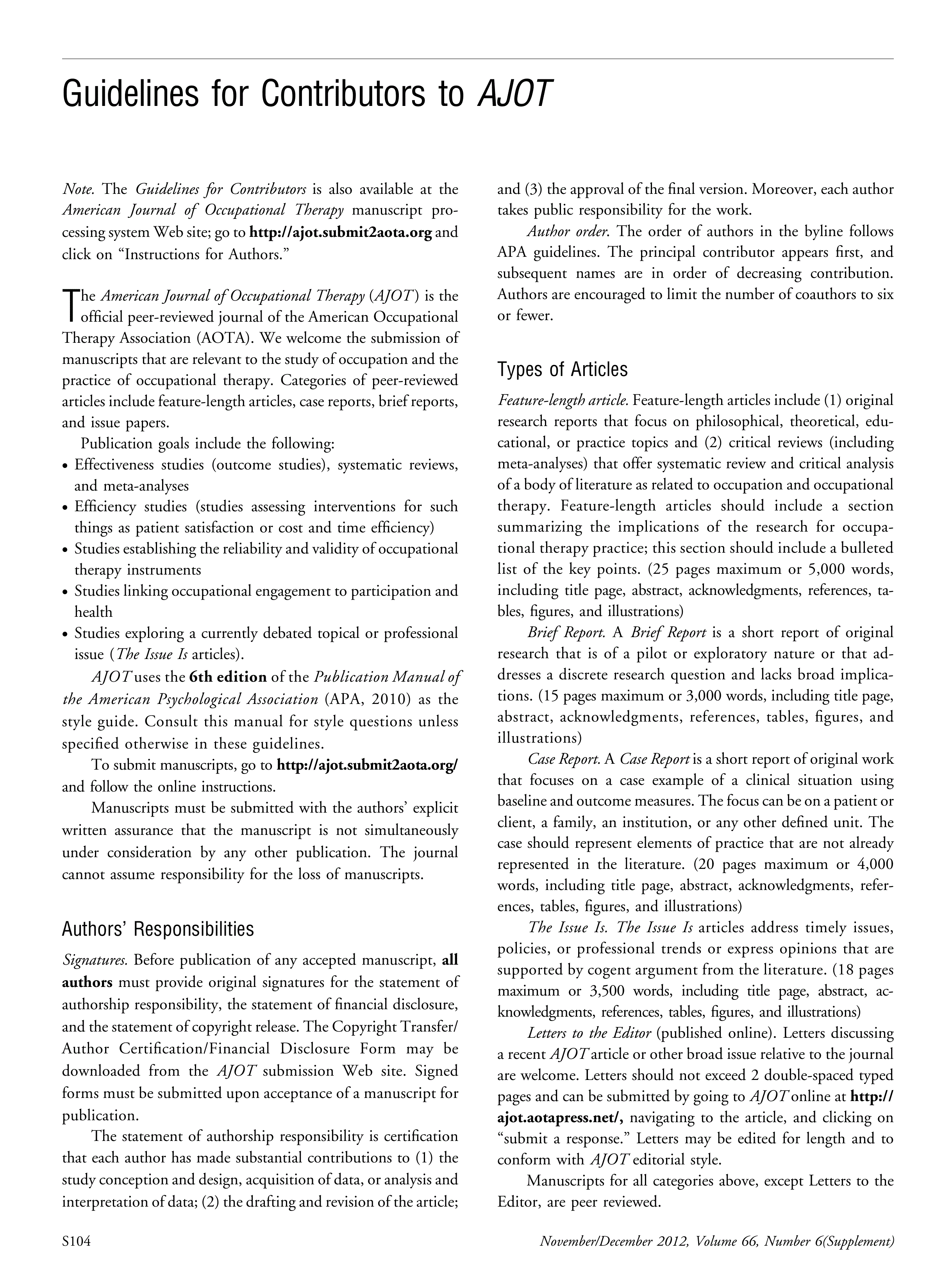 First page of Guidelines for Contributors to <italic>AJOT</italic>