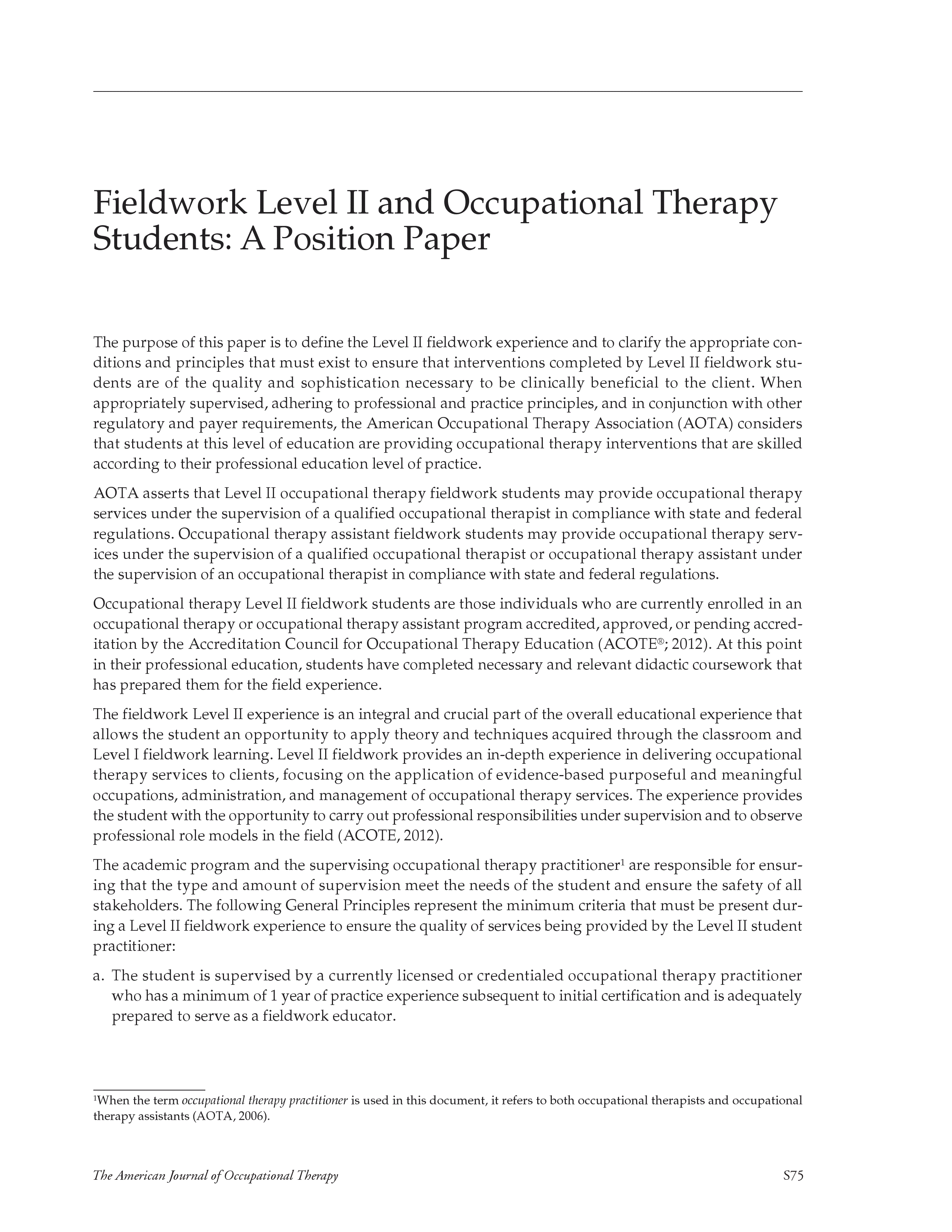 First page of Fieldwork Level II and Occupational Therapy Students: A Position Paper