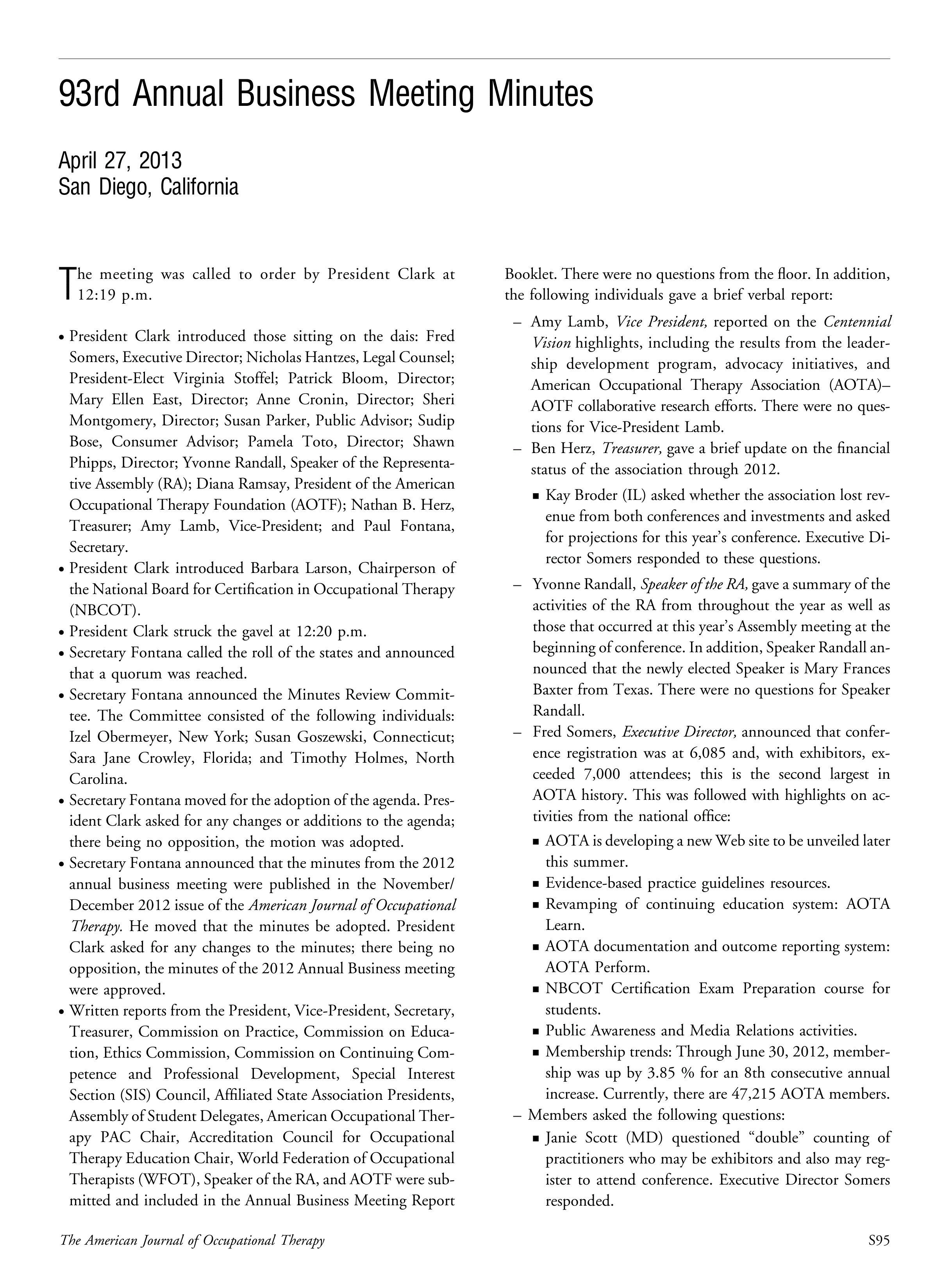First page of 93rd Annual Business Meeting Minutes<subtitle>April 27, 2013<break />San Diego, California</subtitle>