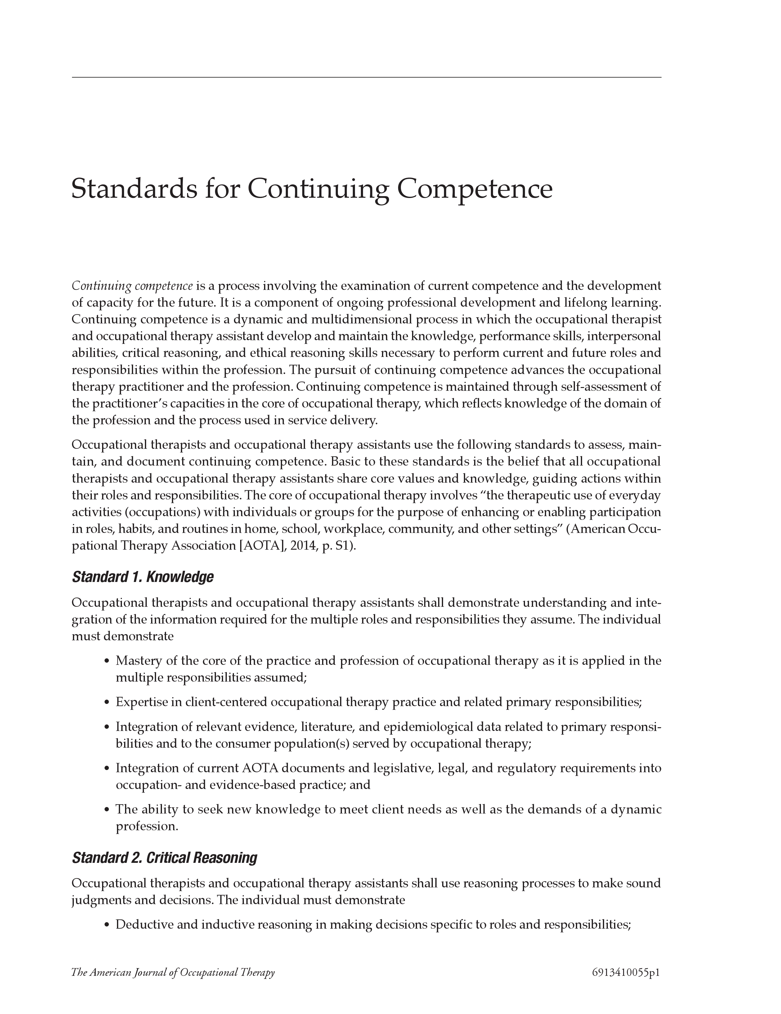 First page of Standards for Continuing Competence