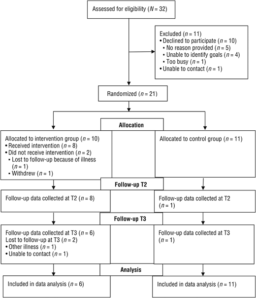 Figure 1. Flow diagram of participant allocation (format from Moher et al., 2010). / Note. T2 = posttest; T3 = 6-mo follow-up.