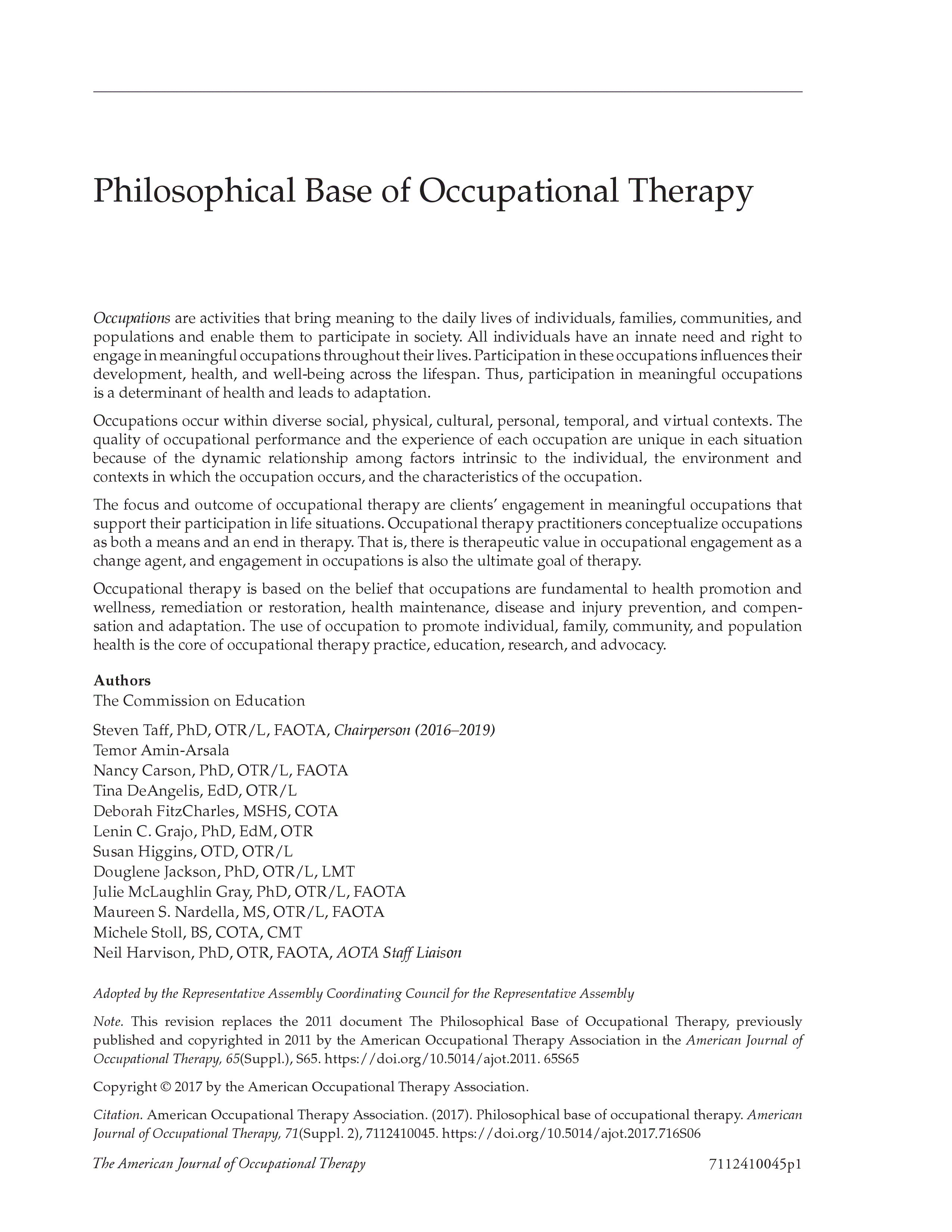 First page of Philosophical Base of Occupational Therapy
