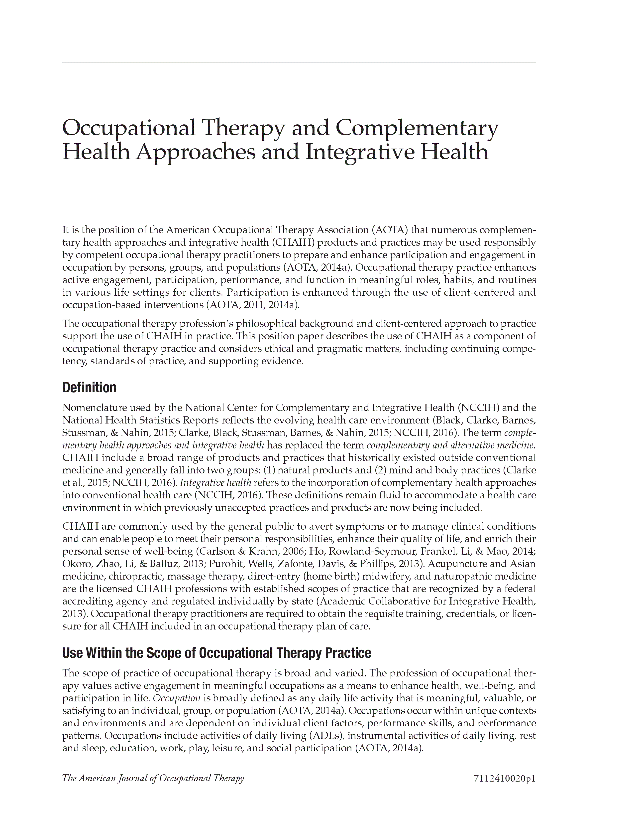 First page of Occupational Therapy and Complementary Health Approaches and Integrative Health