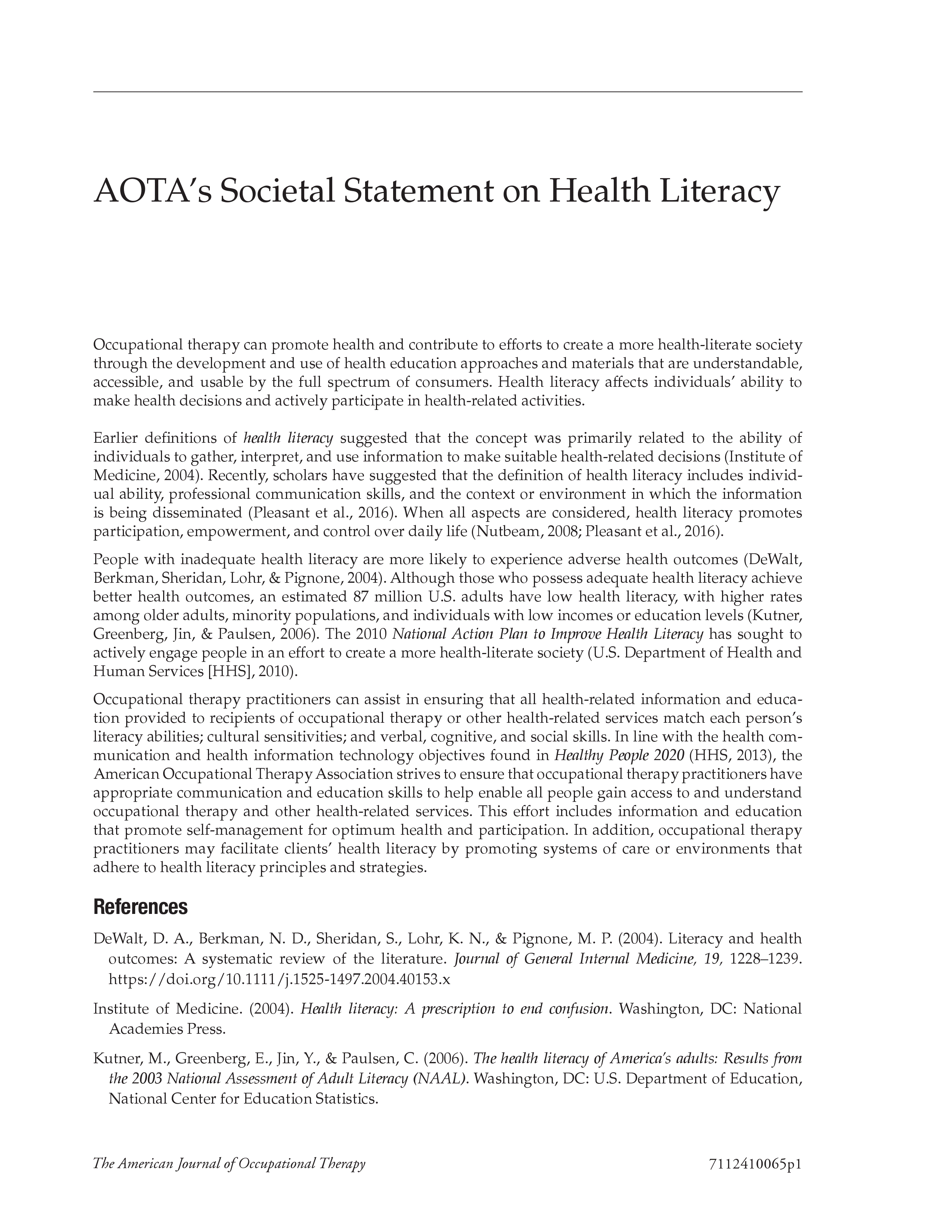First page of AOTA's Societal Statement on Health Literacy