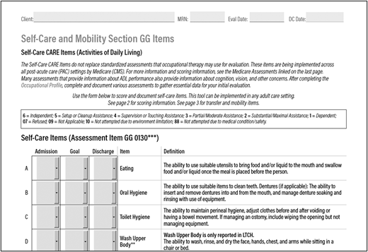 Figure 1. AOTA’s tool to assist with tracking items related to function. . / Note. DC = discharge; MRN = medical record number; LTCH = long-term care hospital. From “Self-Care and Mobility Section GG Items,” by the American Occupational Therapy Association, 2018, Bethesda, MD. Retrieved from http://www.aota.org/∼/media/Corporate/Files/Practice/Manage/Documentation/Self-Care-Mobility-Section-GG-Items-Assessment-Template.pdf. Copyright © 2018 by the American Occupational Therapy Association. Adapted with permission.