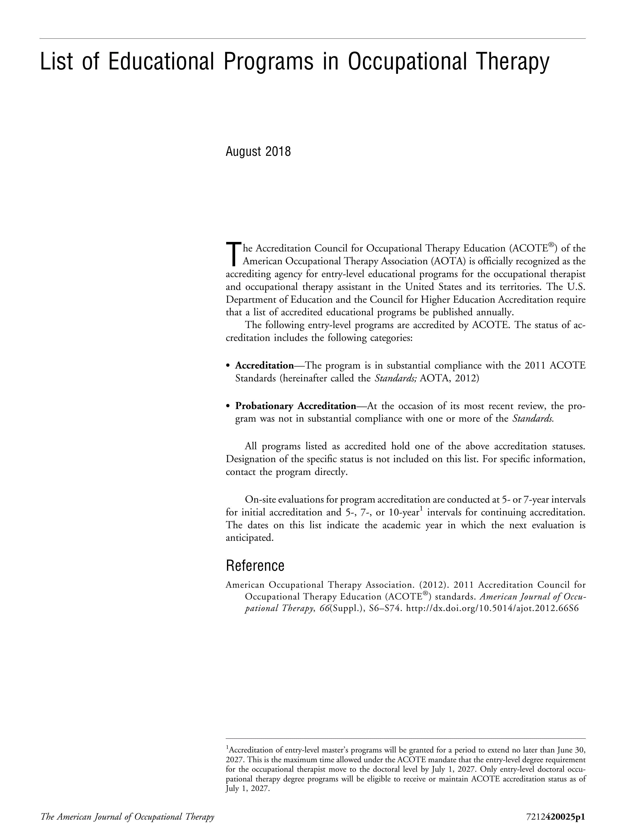 First page of List of Educational Programs in Occupational Therapy