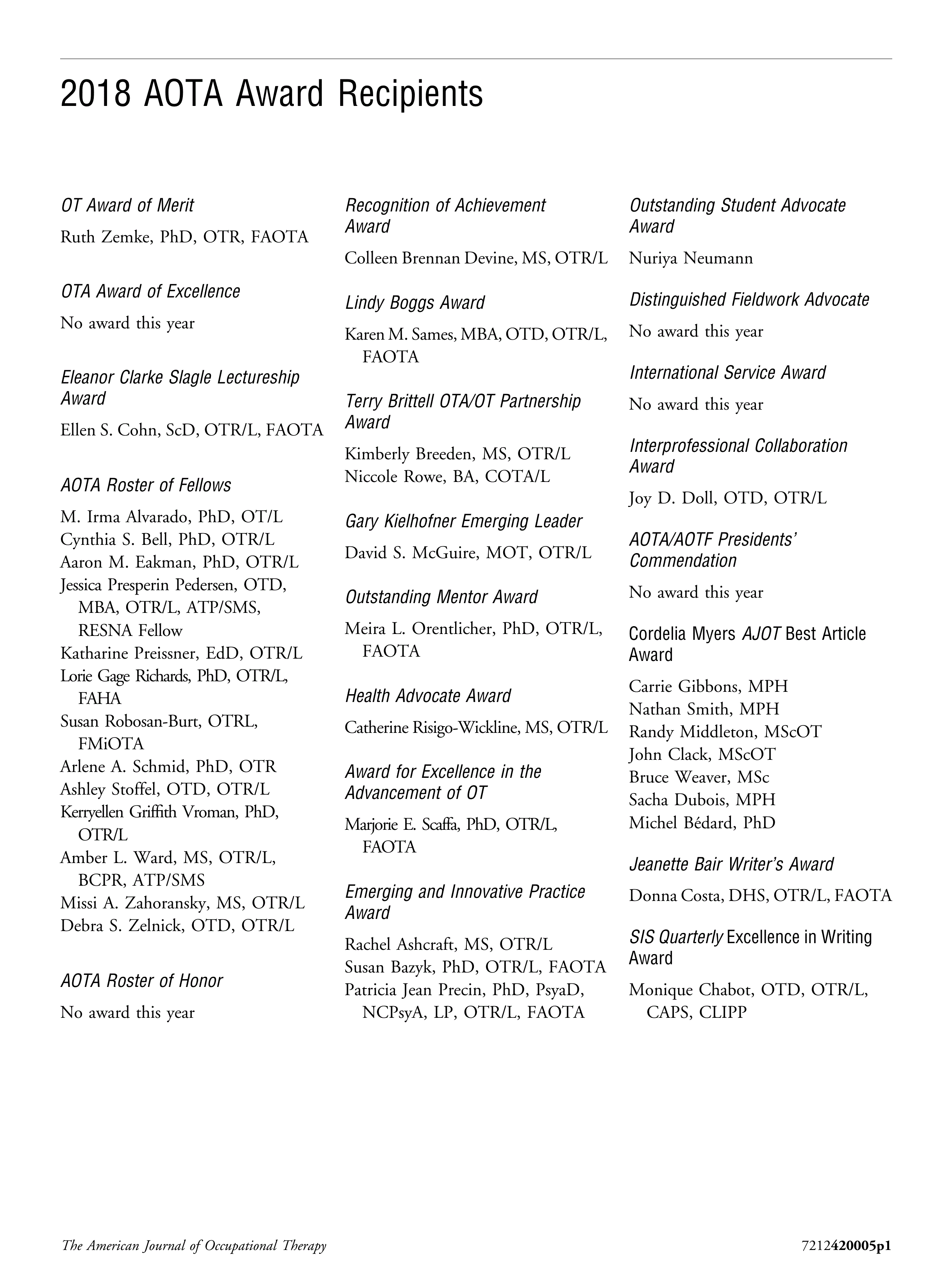 First page of 2018 AOTA Award Recipients