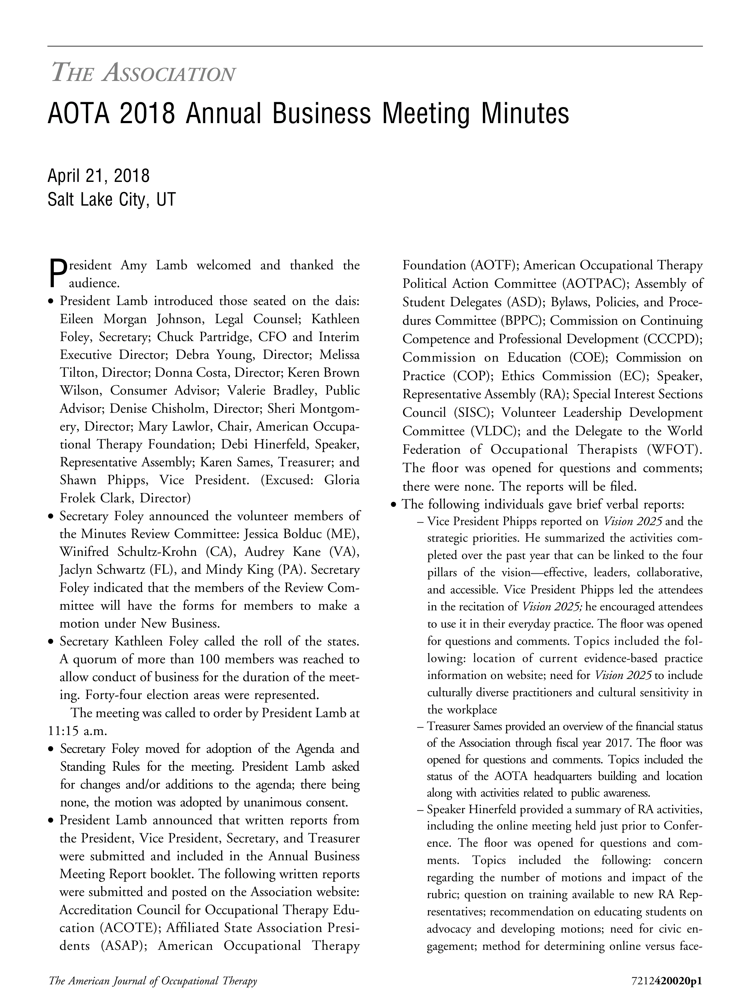 First page of AOTA 2018 Annual Business Meeting Minutes