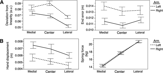 Performance asymmetries between the dominant and nondominant hands during a bimanual reaching and stabilizing task.